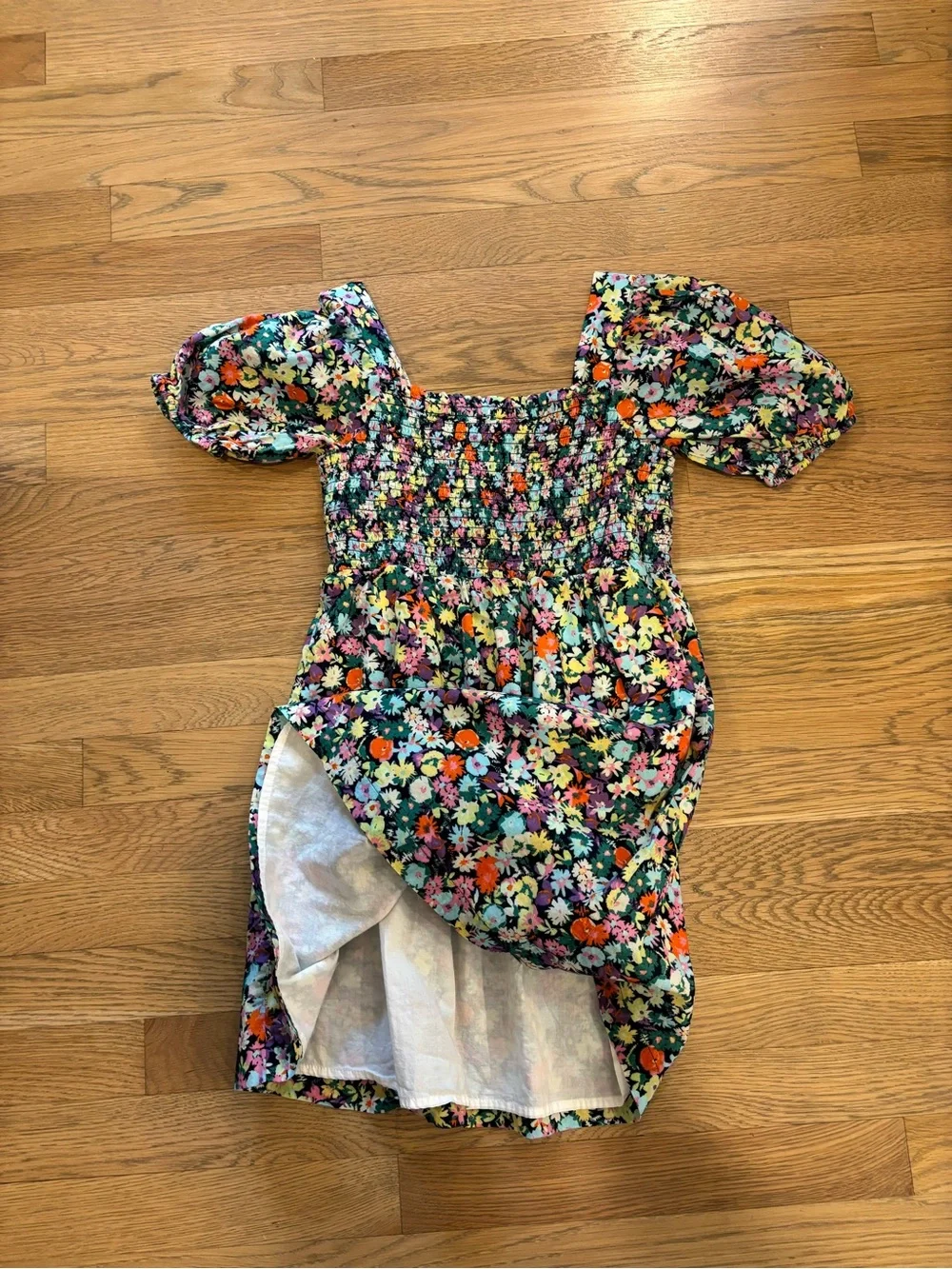 Girls Black Floral Puff-Sleeve Smocked Dress NWOT